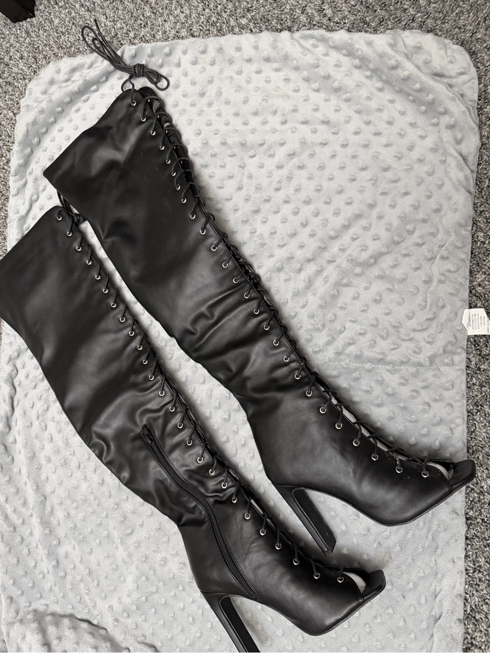 Liliana Black Lace-Up Over-the-Knee Peep-Toe Heeled Boots